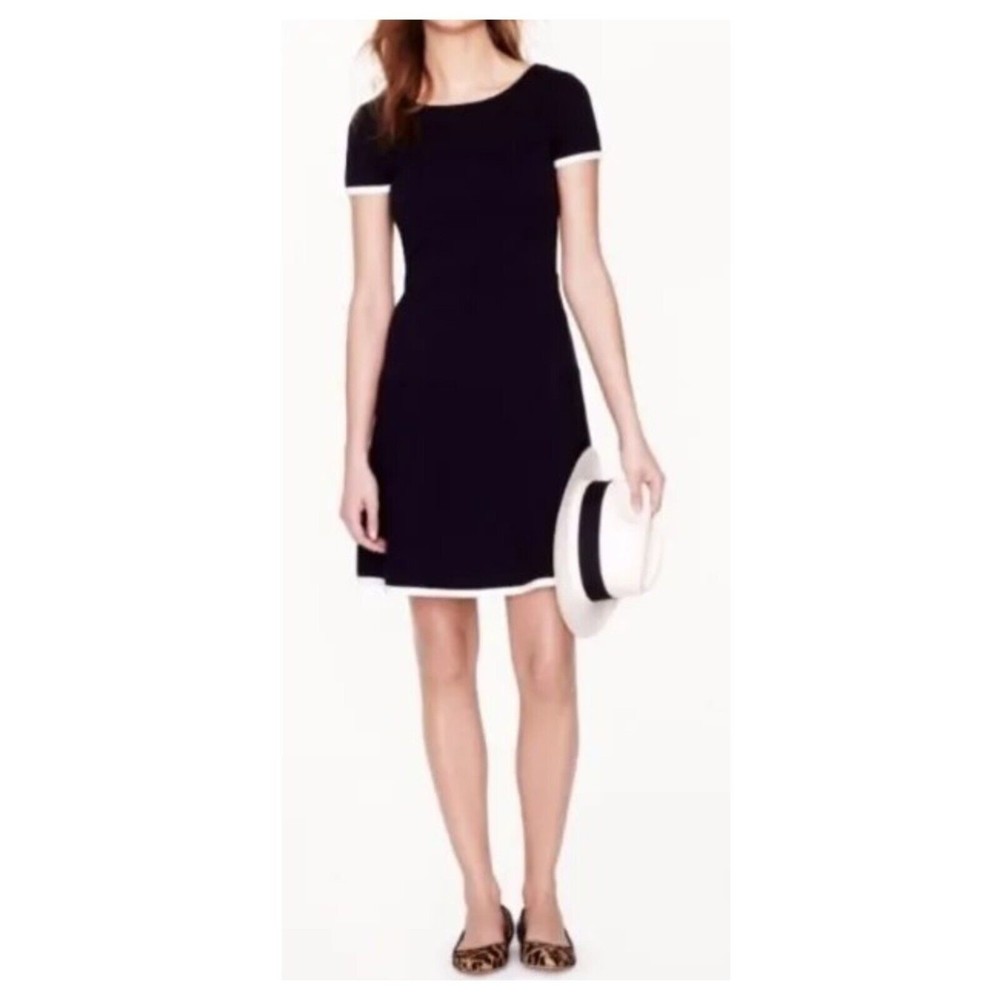 J. CREW Stretch Navy Blue A-Line Dress Size 6 Short Sleeve White Trim Ponte